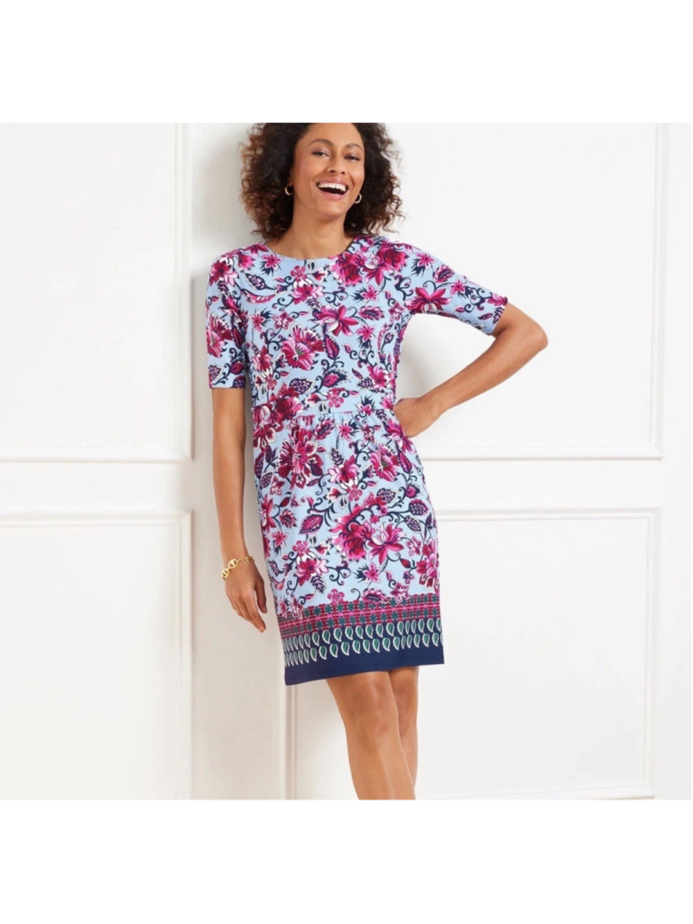 Talbots Effortless Jersey Side Tie Sheath Dress PM Blue Floral Stretch Feminine